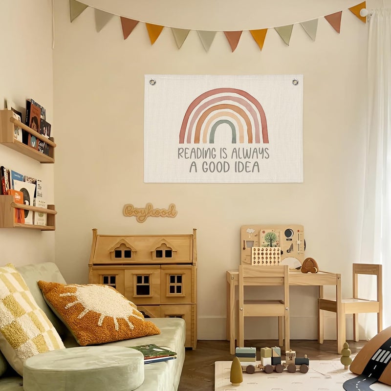 PLKMN Reading Corner Decor for Classroom, Reading Is Always A Good Idea Canvas Banner, Boho Rainbow Wall Hanging Banner Flag Decor for Reading Corner Nook Playroom - Image 4